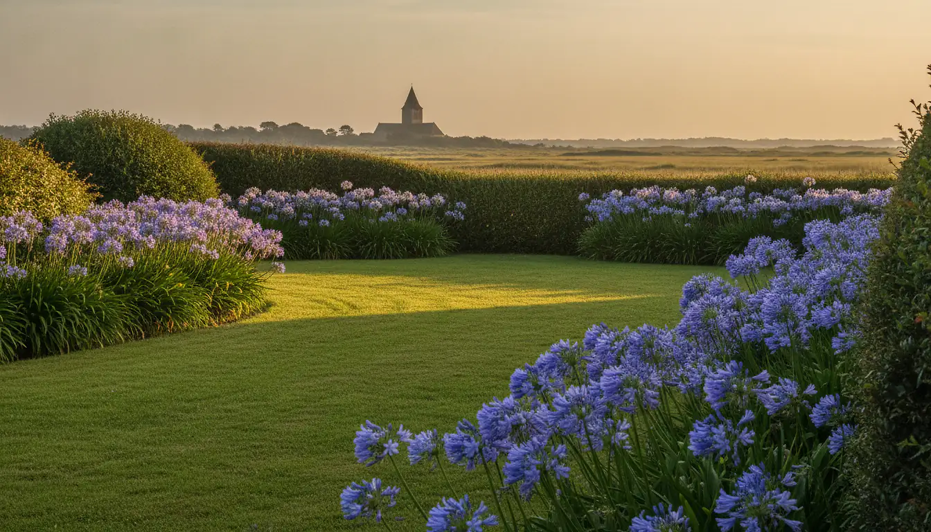 Jardin bord de mer entretenu à Beauvoir-sur-Mer, Vendée, pelouse verte, haie de tamaris taillée et agapanthes bleues en fleur face au marais vendéen