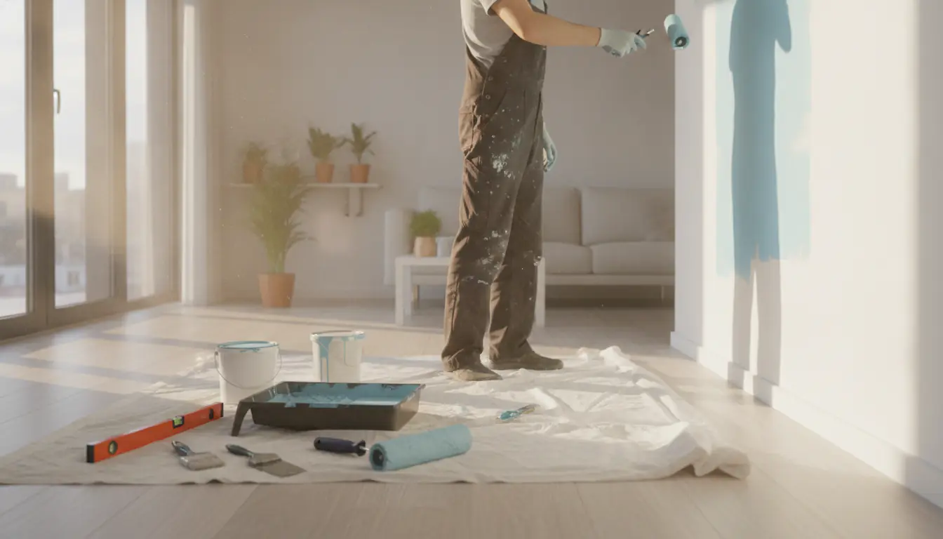Débutant appliquant de la peinture blanche sur un mur dans un appartement lumineux, rouleau à peinture en main, bâche de protection au sol, lumière naturelle chaleureuse