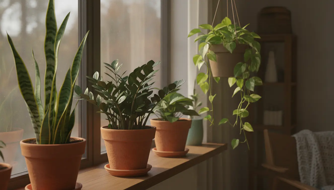 Rebord de fenêtre lumineux avec plusieurs plantes vertes d'intérieur faciles d'entretien