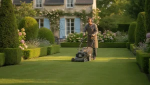 Jardinier professionnel entretenant une pelouse verdoyante dans un jardin résidentiel soigné