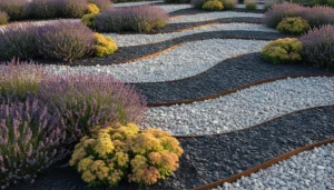 Jardin minéral avec galets gris, ardoise concassée noire et massif de lavandes violettes, bordures corten, lumière naturelle matinale
