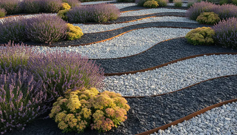 Jardin minéral avec galets gris, ardoise concassée noire et massif de lavandes violettes, bordures corten, lumière naturelle matinale