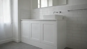 Cache tuyaux en MDF blanc installé dans une salle de bain rénovée, carrelage blanc, lumière naturelle, finition soignée