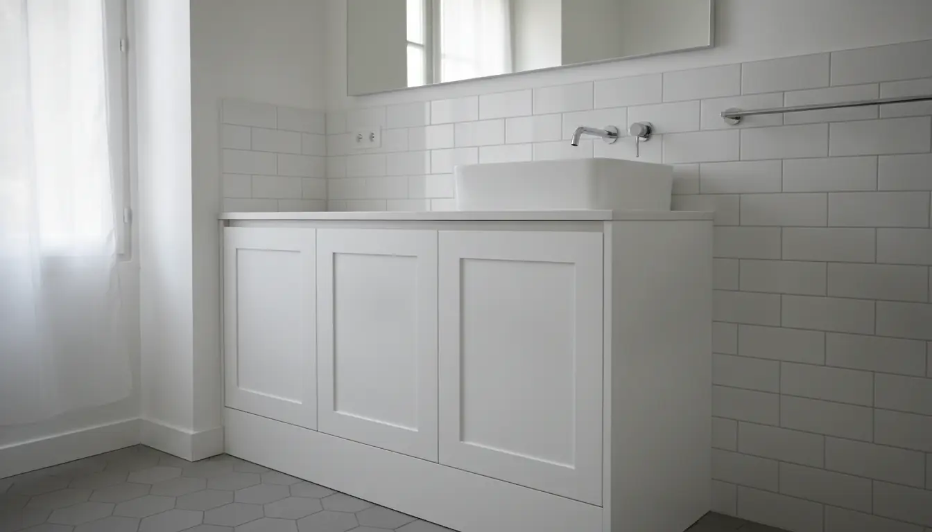 Cache tuyaux en MDF blanc installé dans une salle de bain rénovée, carrelage blanc, lumière naturelle, finition soignée