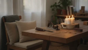Atelier bricolage hygge cosy avec table en bois massif, outils artisanaux, bougeoir tranche d'arbre et coussins en lin, lumière naturelle nordique