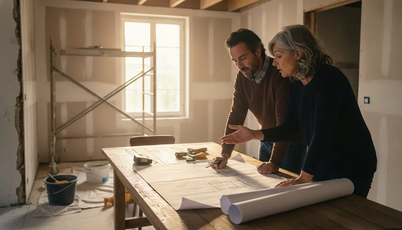 Architecte et clients examinant des plans de rénovation autour d'une table dans un salon en travaux