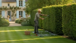 Jardinier professionnel taillant une haie verte dans un jardin résidentiel français ensoleillé
