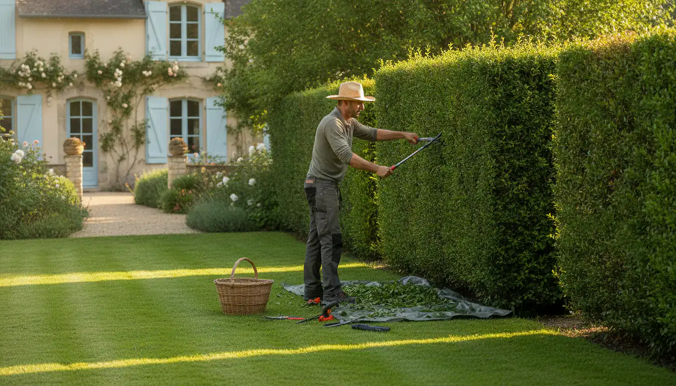 Jardinier professionnel taillant une haie verte dans un jardin résidentiel français ensoleillé