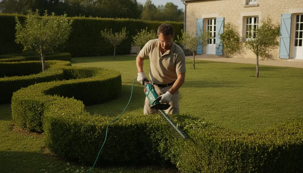 Jardinier professionnel taillant une haie dans un jardin résidentiel en service à la personne