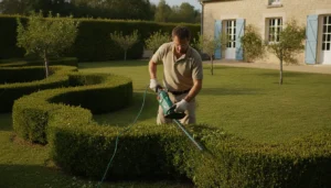 Jardinier professionnel taillant une haie dans un jardin résidentiel en service à la personne